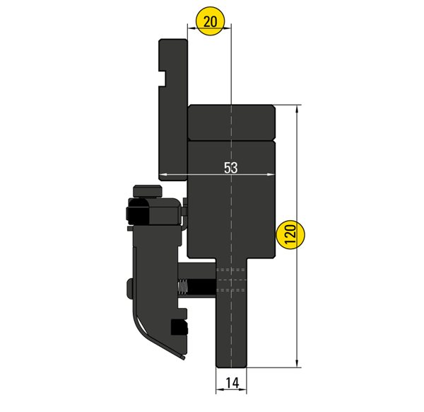 50.122 SpeedGrip Bovenklemming met Bombeerspie H=120,0 mm
Hartlijn op 20,0 mm