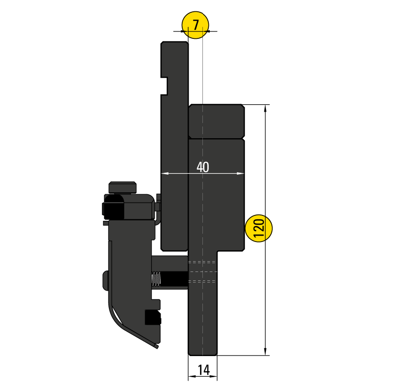 50.127 SpeedGrip Bovenklemming met Bombeerspie H=120,0 mm
Hartlijn op 7,0 mm