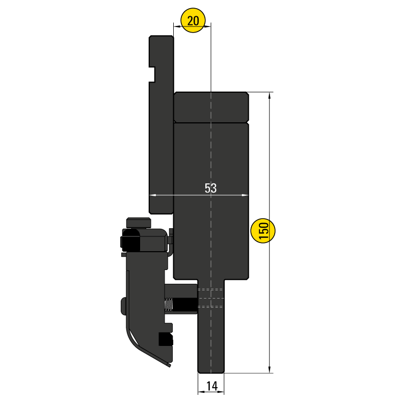 50.152 SpeedGrip Bovenklemming met Bombeerspie H=150,0 mm
Hartlijn op 20,0 mm