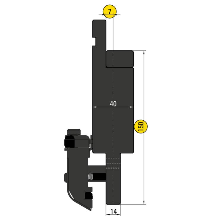 50.157 SpeedGrip Bovenklemming met Bombeerspie H=150,0 mm
Hartlijn op 7,0 mm