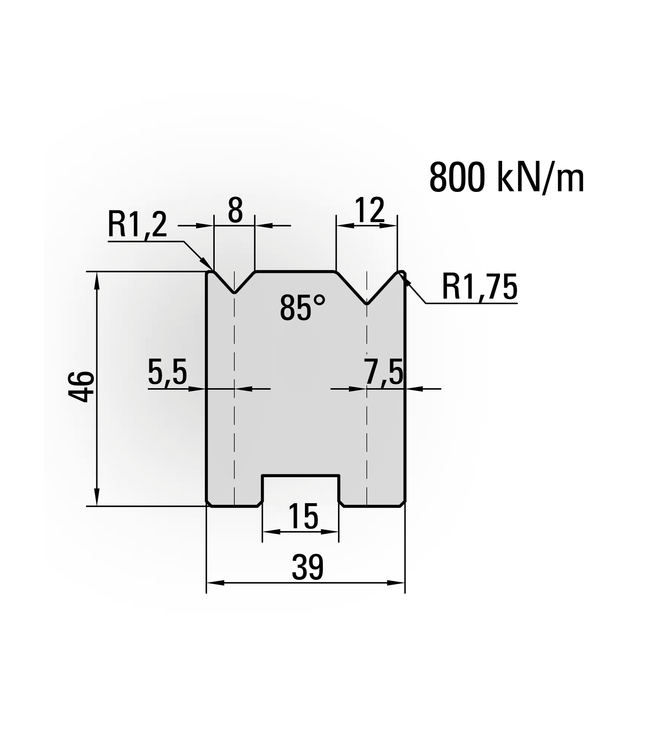20.346-800S Centrische 2-V Matrijs / 85° / V=8+12 / L=800 mm Ged.