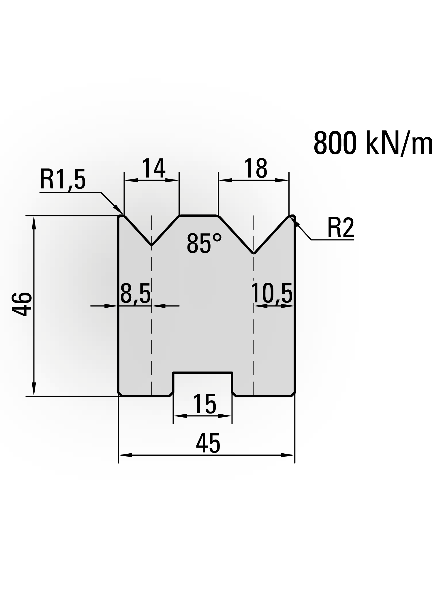 20.349-800S Centrische 2-V Matrijs / 85° / V=14+18 / L=800 Ged.