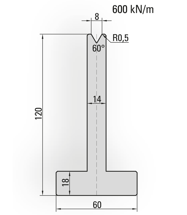 20.387-800S T-Matrijs / 60° / V=8 / L=800 mm Ged.