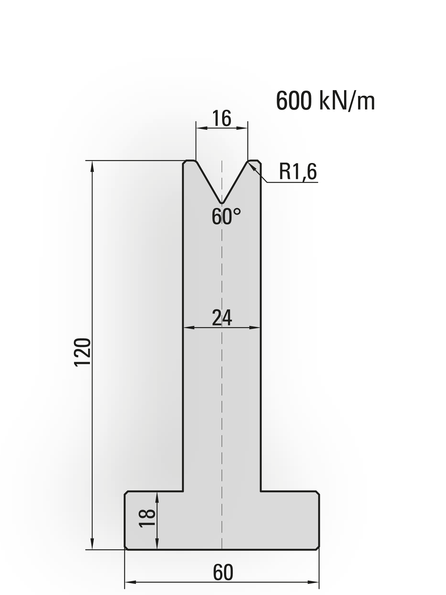 20.390-415 T-Matrijs / 60° / V=16 / L=415 mm
