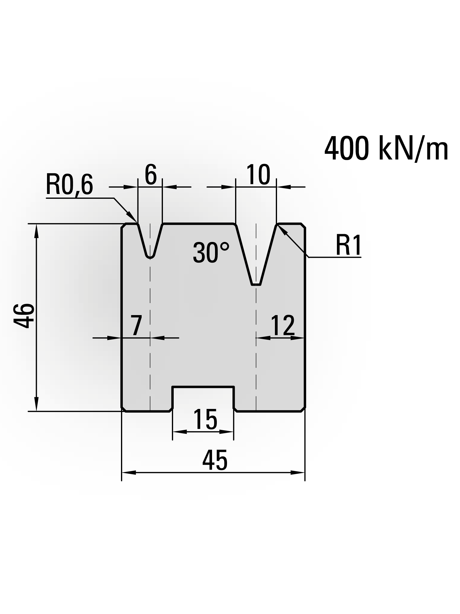 20.438-835 Centrische 2-V Matrijs / 30° / V=6+10 / L=835 mm