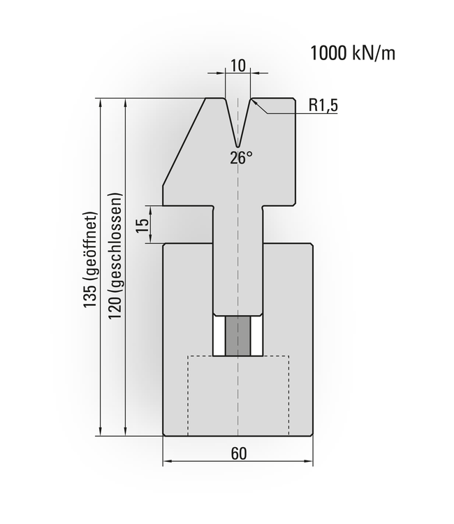 21.231-415 Pneum. Dichtdrukmatrijs / 26° / V=10 / R=1,5 / L=415 mm