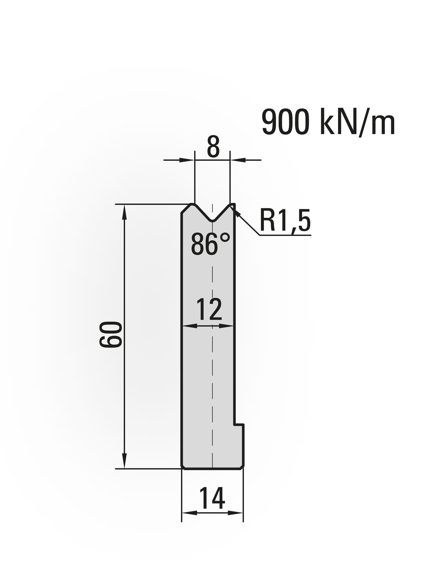 22.908-415 1-V Matrijs / 86° / V=8 / L=415 mm