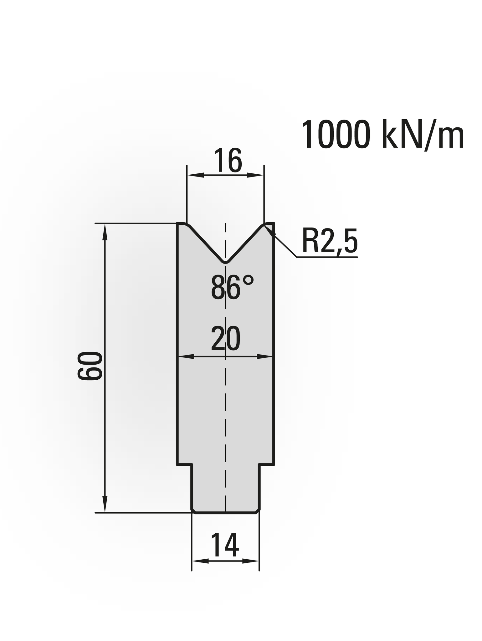 22.916-800S 1-V Matrijs / 86° / V=16 / L=800 mm Ged.