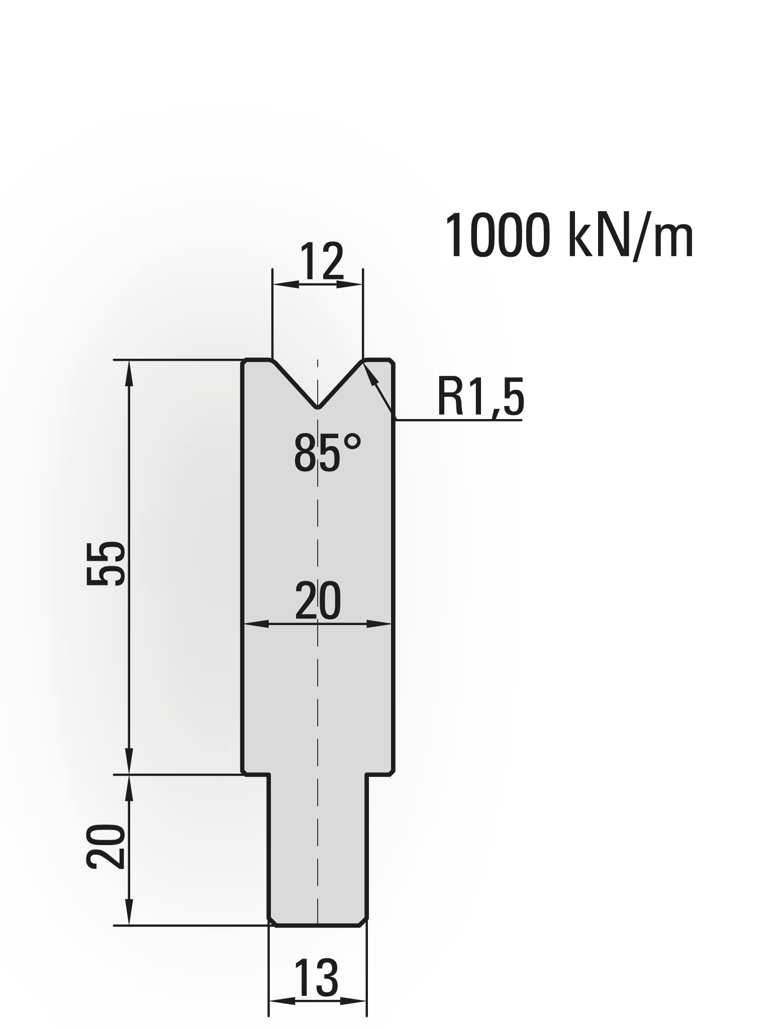 24.106-550S 1-V Matrijs / 85° / V=12 / L=550 mm Ged.