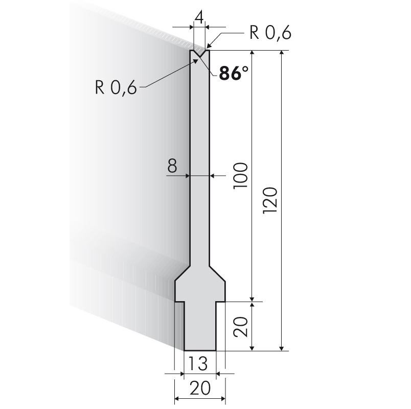 25.100-500 1-V Matrijs / 86° / V=4 / L=500 mm - op aanvraag -