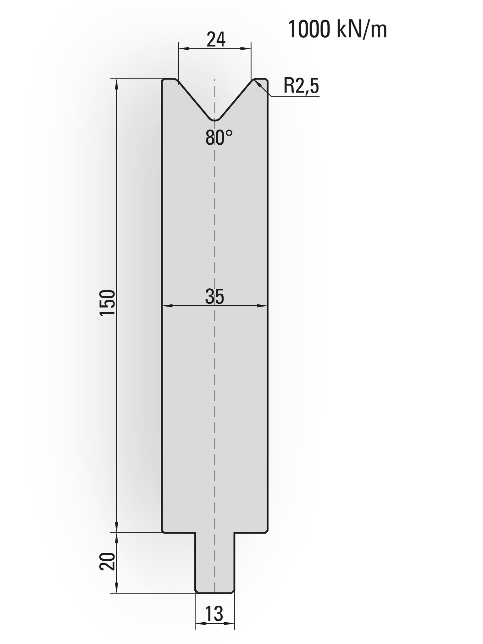 25.627-500 1-V Matrijs / 80° / V=24 / L=500 mm