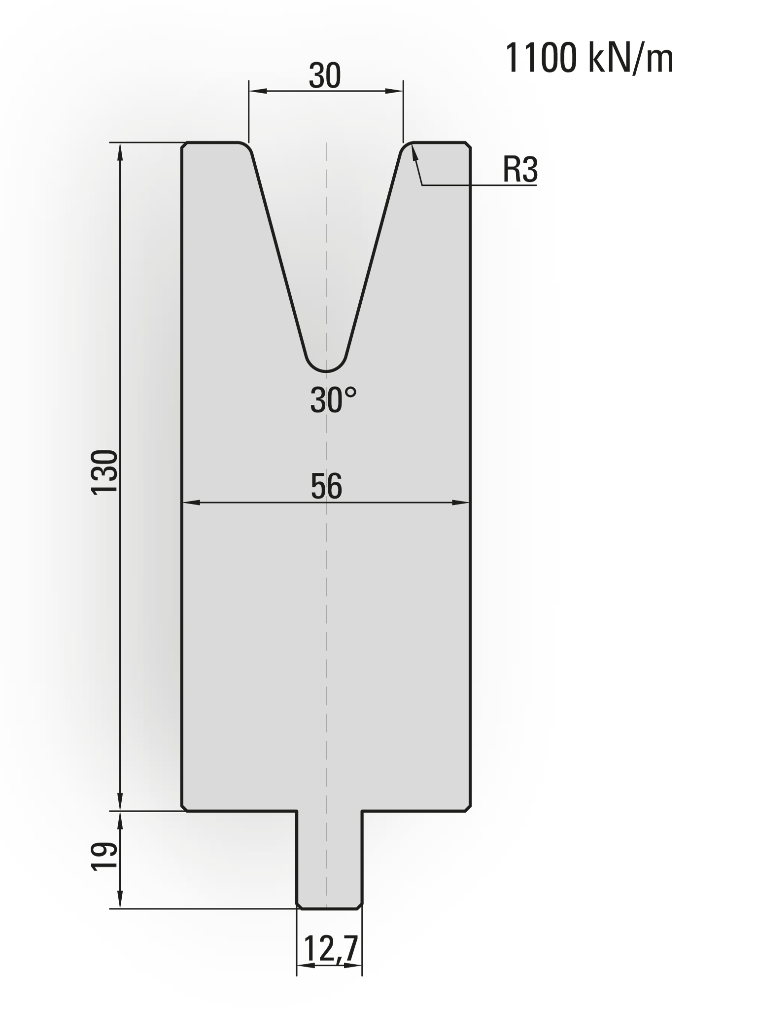 26.257-550S 1-V Matrijs / 30° / V=30 / L=550 mm Ged.