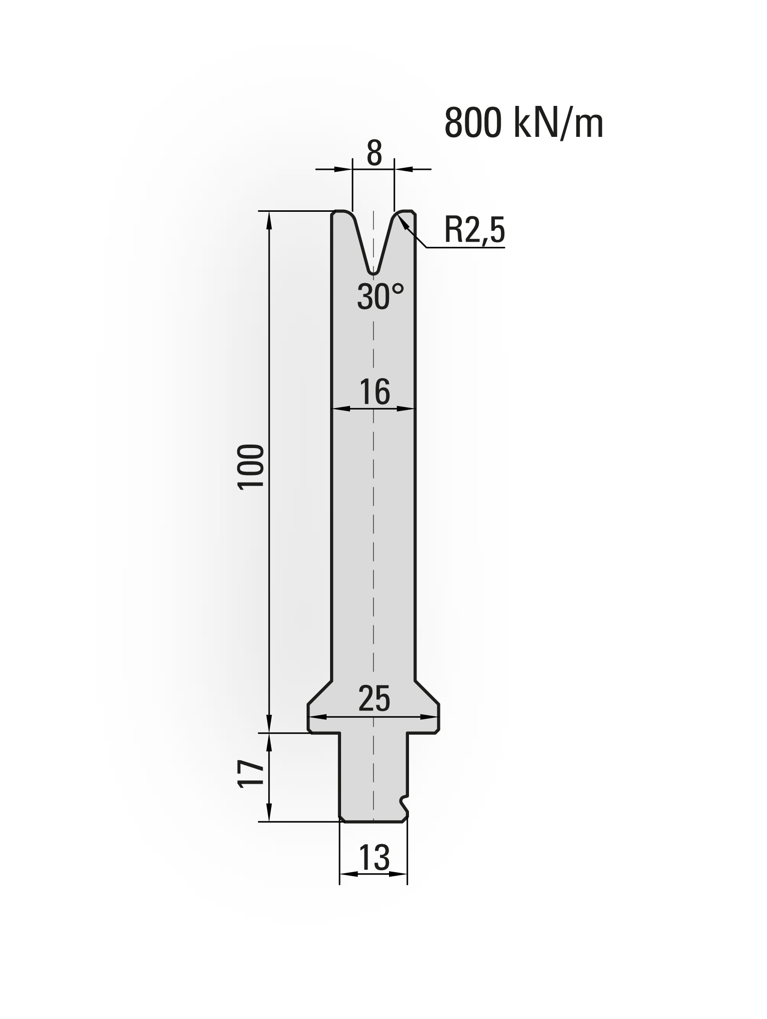 29.351-550S 1-V Matrijs / 30° / V=8 / L=550 mm ged.