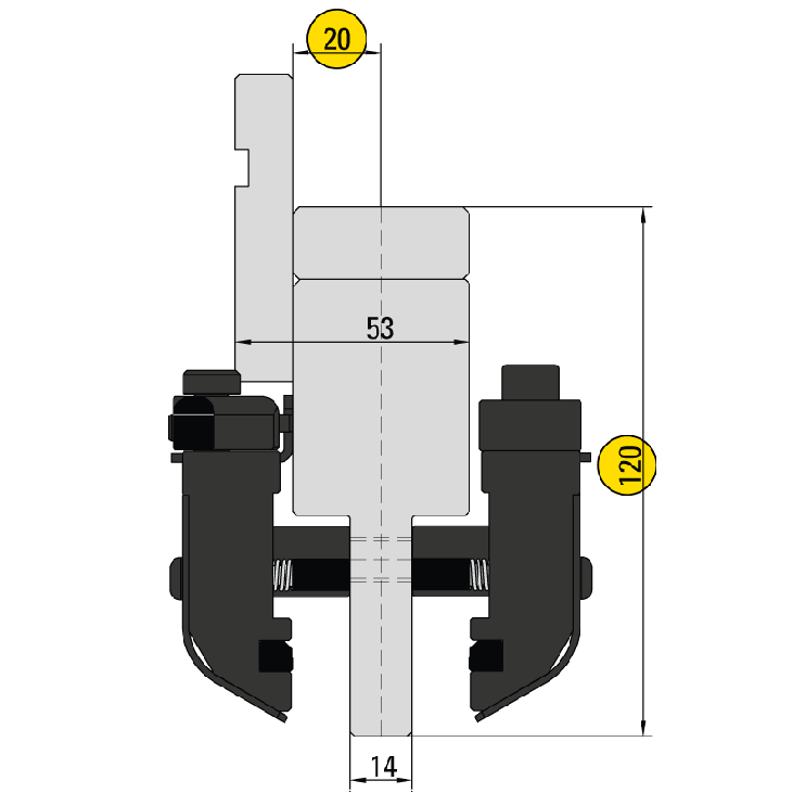 51.122 SpeedGrip Bovenklemming met Bombeerspie H=120,0 mm
Hartlijn op 20,0 mm