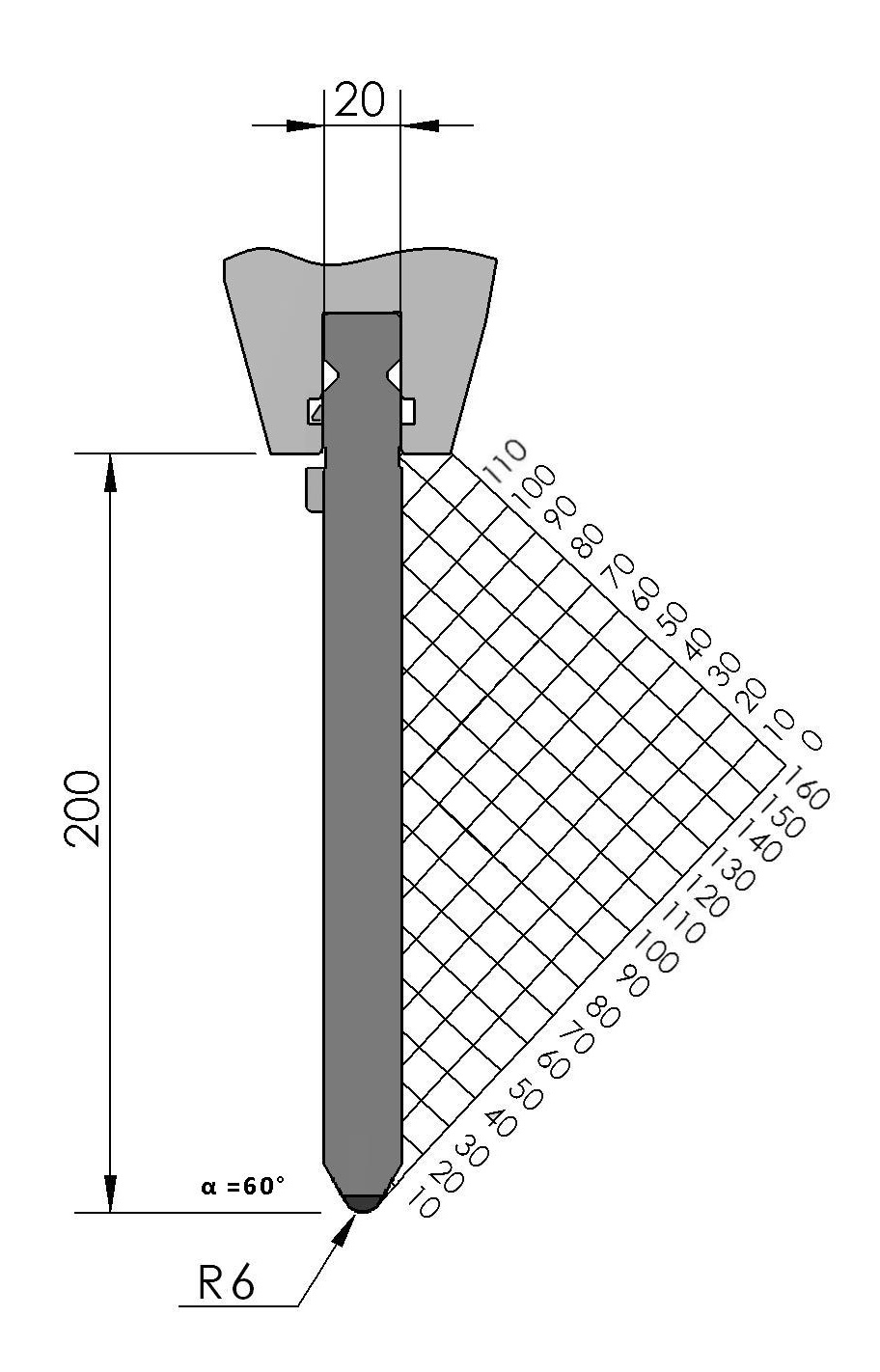 W352539 BIU-037/3 - 60° - R=6,0 - H=200 - L=200 mm ged.